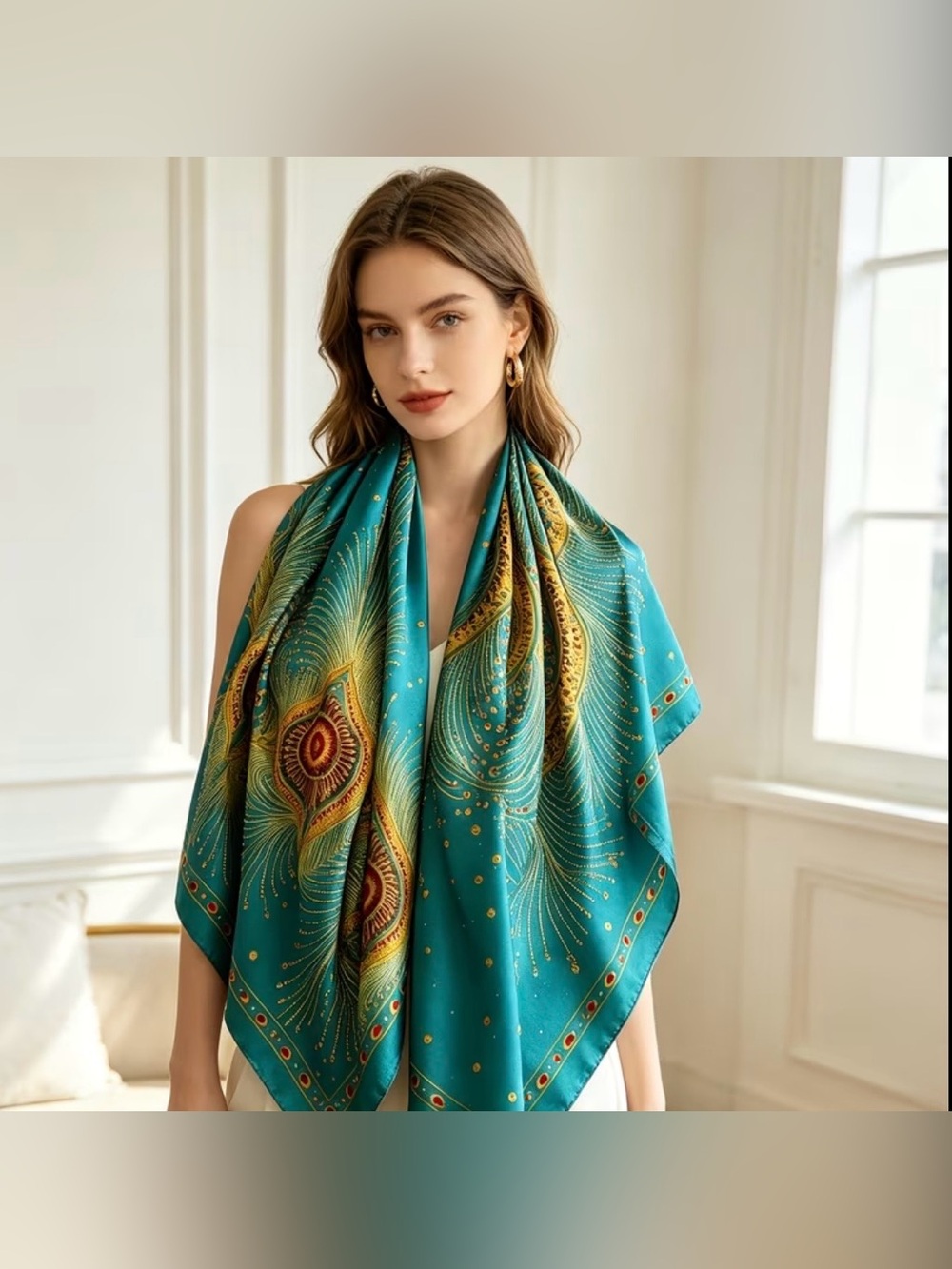 🩵🆕🩵Silk Peacock Print Turquoise Scarf